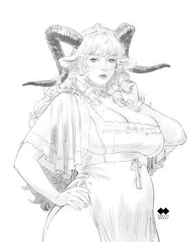 1girl ahoge animal_ears artist_logo artist_name bracelet breasts capelet choker cleavage closed_mouth cowboy_shot curled_horns curly_hair double-parted_bangs dress eyelashes fat fat_woman fingernails godiva_ghoul greyscale hand_on_own_hip hand_up heart_pendant highres horns jewelry large_breasts lips lipstick logo long_fingernails long_hair looking_at_viewer makeup mature_female mole mole_on_breast mole_under_eye monochrome multiple_moles nose original pendant_choker ribbon sharp_fingernails sheep_ears sheep_girl sheep_horns side_slit simple_background sketch skindentation solo square_neckline standing twirling_hair wavy_hair white_background
