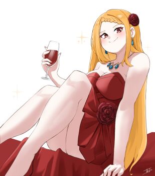 1girl alcohol bare_shoulders blonde_hair blush braid braided_bangs breasts cleavage cup dress drinking_glass earrings flower hair_flower hair_ornament high_heels highres holding holding_cup jewelry large_breasts long_hair looking_at_viewer miarin141 necklace priscilla_barielle re:zero_kara_hajimeru_isekai_seikatsu red_dress red_eyes red_flower red_rose rose simple_background sitting smile solo sparkle strapless strapless_dress very_long_hair virtual_youtuber white_background wine wine_glass