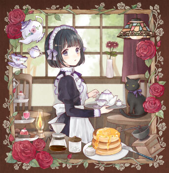 1girl animal animal_collar apron back_bow black_cat black_dress black_hair blue_eyes blunt_bangs bob_cut bow bowtie butter cafe cat chair coffee coffee_filter coffee_maker collar commentary cowboy_shot cup cupcake curtains dress drinking_glass floral_print flower flower_hairpin food fork frilled_apron frilled_shirt_collar frills green_eyes hair_bow hair_ornament hairpin hanging_light holding holding_plate indoors inset_border jar juliet_sleeves lantern light_blush long_sleeves looking_at_viewer looking_to_the_side maid maid_apron maid_headdress multiple_hair_bows original pancake pancake_stack parted_lips plant plate pouring puffy_sleeves purple_bow purple_bowtie purple_ribbon red_flower red_rose ribbon ribbon-trimmed_collar ribbon_trim rose short_hair sidelocks solo striped_bow striped_bowtie striped_clothes sugar_cube table teacup teapot tententuyu thorns tiered_tray tree vase vines white_apron white_bow window wing_collar wooden_chair wooden_table