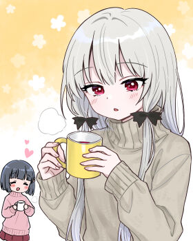 2girls absurdres ama-tou amano_akari black_hair blush closed_eyes cup dot_nose feet_out_of_frame grey_hair hair_between_eyes hair_ornament hairclip heart heart_(symbol) highres holding long_sleeves multiple_girls no_nose open_mouth red_eyes short_hair skirt sophie_twilight standing steam tonari_no_kyuuketsuki-san vampire