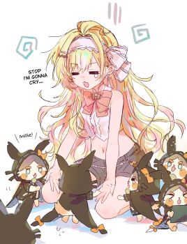 1girl absurdres ahoge anchor_earrings bare_shoulders blonde_hair blush earrings english_text famillie_(millie_parfait) hairband highres jewelry long_hair midriff millie_parfait millie_parfait_(4th_costume) navel nijisanji nijisanji_en nose_blush open_mouth poringo0207 seiza shirt shorts sitting sleeveless sleeveless_shirt teardrop very_long_hair virtual_youtuber white_background white_hairband