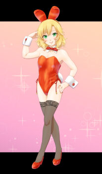 1girl animal_ear_hairband animal_ears black_thighhighs blonde_hair bow bowtie breasts detached_collar fake_animal_ears full_body gradient_background green_eyes hairband hand_on_own_hip high_heels idolmaster idolmaster_cinderella_girls lace lace_thighhighs leotard pink_background playboy_bunny rabbit_ears rabbit_tail red_bow red_bowtie red_leotard red_shoes sakurai_momoka shoes short_hair side-tie_leotard small_breasts solo sparkle_background standing strapless strapless_leotard tail thighhighs wrist_cuffs zilver-01