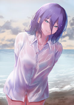 1girl arms_behind_back beach blood blood_on_clothes blue_eyes chainsaw_man cloud cloudy_sky collared_shirt dtcy hair_between_eyes highres looking_at_viewer ocean purple_hair reze_(chainsaw_man) sand shirt sky solo wet wet_clothes wet_hair wet_shirt white_shirt