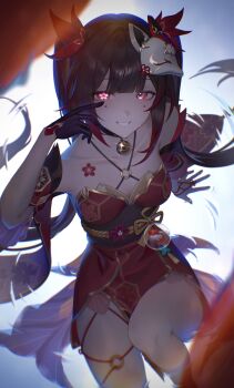 1girl absurdres bell breasts brown_hair butterfly-shaped_pupils commentary detached_sleeves facial_mark flower-shaped_pupils flower_tattoo fox_mask gloves gradient_hair grin highres honkai:_star_rail honkai_(series) japanese_clothes long_hair mask medium_breasts mismatched_pupils multicolored_hair nei00nei obi sash sitting smile sparkle_(honkai:_star_rail) symbol-shaped_pupils tattoo twintails very_long_hair water_drop