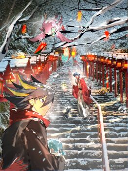 2boys 99ki5 bird black_hair black_kimono blue_eyes blue_hair breath bruno_(yu-gi-oh!) facing_another facing_to_the_side flying forest fudo_yusei hair_slicked_back highres holding holding_stick japanese_clothes kimono lantern light_particles looking_at_another male_focus multiple_boys nature on_stairs outdoors photo_background red_robe red_scarf robe scarf shrine smile snow snowing sonic_chick spiked_hair stairs stick torii tree white_kimono winter yu-gi-oh! yu-gi-oh!_5d's