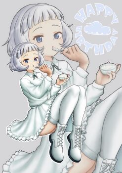1girl :o absurdres amanone_yun ankle_boots birthday black_ribbon blue_eyes blunt_bangs bob_cut boots collared_shirt commentary cup english_text floating frilled_skirt frills girls_und_panzer grey_background happy_birthday highres holding holding_cup holding_spoon knees_up long_sleeves looking_at_viewer miniskirt neck_ribbon outline parted_lips ribbon school_uniform shirt shoes short_hair skirt solo sophia_(girls_und_panzer) spoon thighhighs white_hair white_outline white_shirt white_shoes white_skirt white_thighhighs wing_collar yogurt yogurt_school_uniform zoom_layer