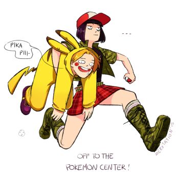 ... 1boy 1girl :d :| animal_ears animal_hood artist_name baseball_cap belt black_hair black_shirt blonde_hair blunt_bangs blush_stickers bob_cut boku_no_hero_academia boots breasts camouflage camouflage_footwear camouflage_jacket carrying carrying_person carrying_under_arm closed_mouth clothes_writing combat_boots commentary constricted_pupils cosplay cropped_jacket dated dazed drooling english_commentary english_text expressionless eyelashes fake_animal_ears fake_tail full_body gen_1_pokemon green_belt green_footwear green_jacket grin hanging hat holding holding_poke_ball hood hood_up jacket jiro_kyoka jitome kaminari_denki kigurumi knee_boots kneehighs lace-up_boots long_sleeves nintendo open_clothes open_jacket open_mouth parody parted_bangs pikachu pikachu_(cosplay) plaid_clothes plaid_skirt poke_ball pokemon popped_collar puff_of_air purple_footwear red_hat red_skirt round_teeth running saliva shirt shoes short_sleeves side-by-side signature simple_background skirt small_breasts smile sneakers snot snot_trail socks speech_bubble t-shirt tail teeth upper_teeth_only white_background white_hat white_socks yellow_trim zerotation