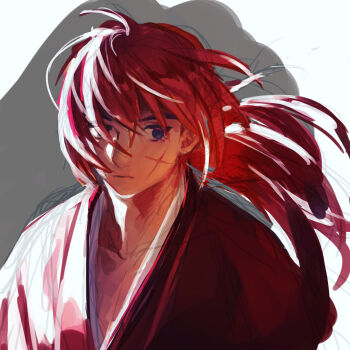 1boy closed_mouth collarbone commentary_request cross_scar facial_scar hair_between_eyes highres himura_kenshin japanese_clothes kimono long_hair low_ponytail male_focus mame_moyashi ponytail purple_eyes red_hair red_kimono rurouni_kenshin scar scar_on_cheek scar_on_face solo upper_body