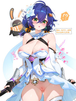 1girl :&lt; ? areola_slip bangboo_(zenless_zone_zero) belle_(zenless_zone_zero) bilingual_commentary black_gloves blue_hair breasts censored cleft_of_venus commentary company_connection cosplay crossover dress english_commentary eous_(zenless_zone_zero) flower genshin_impact gloves green_eyes hair_flower hair_ornament high-low_dress highres holding holding_sword holding_weapon large_breasts letter_hair_ornament light_particles looking_at_viewer lumine_(genshin_impact) lumine_(genshin_impact)_(cosplay) mihoyo mistsplitter_reforged_(genshin_impact) mixed-language_commentary mosaic_censoring no_panties pussy reverse_grip revision short_hair solo sphere_hair_ornament spoken_question_mark strapless strapless_dress sword thighhighs translation_request underwear waterring weapon white_background white_dress white_sleeves white_thighhighs zenless_zone_zero