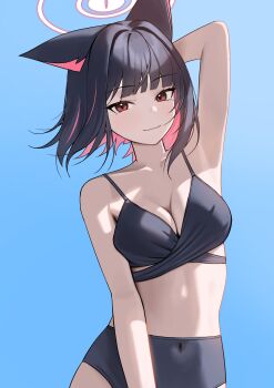 1girl absurdres animal_ears arm_behind_head bikini black_bikini black_hair blue_archive blue_background breasts cat_ears closed_mouth commentary covered_navel extra_ears gradient_background halo highres kazusa_(blue_archive) looking_at_viewer medium_breasts momocadraw multicolored_hair pink_hair red_eyes short_hair smile solo swimsuit two-tone_hair white_halo