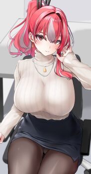 1girl alternate_costume azur_lane blush breasts bremerton_(azur_lane) chair commentary_request earrings grey_hair hair_ornament highres jewelry knit_sweater large_breasts long_hair looking_at_viewer mole mole_under_eye multicolored_hair necklace office_lady pantyhose pencil_skirt pink_eyes pink_hair sitting skirt smile solo streaked_hair sweater table two-tone_hair white_sweater yuuki_atori