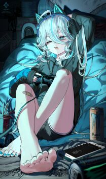 1girl ahoge alternate_costume animal_ear_headphones animal_ears bandaid bandaid_on_knee bandaid_on_leg barefoot black_hoodie black_shorts blue_eyes blue_hair blue_nails brand_name_imitation cat_ear_headphones cat_ears cellphone controller dorsiflexion drop-shaped_pupils energy_drink fake_animal_ears feet fingernails foreshortening furina_(genshin_impact) game_controller genshin_impact headphones highres holding holding_controller holding_game_controller hood hoodie looking_at_viewer multicolored_hair nail_polish one_eye_closed open_mouth phone shorts smartphone solo streaked_hair symbol-shaped_pupils team.achv toenail_polish toenails toes white_hair