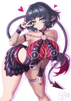 1girl animal_nose bare_shoulders black_hair black_one-piece_swimsuit black_sarong breasts commentary fishnet_thighhighs fishnets green_eyes heart highres jane_doe_(nocturne_of_light)_(zenless_zone_zero) jane_doe_(zenless_zone_zero) large_breasts leaning_forward long_hair looking_at_viewer mouse_girl mouse_tail multicolored_hair neckerchief official_alternate_costume one-piece_swimsuit red_hair red_neckerchief red_one-piece_swimsuit sarong sevie simple_background smile solo swimsuit tail thigh_strap thighhighs thighs two-tone_hair two-tone_one-piece_swimsuit v v_over_mouth very_long_hair white_background zenless_zone_zero