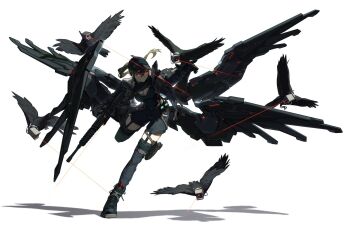 1girl bandaid bandaid_on_face baseball_cap bird black_hat black_jacket black_shirt black_shoes black_shorts black_thighhighs blonde_hair breasts cleavage esnowg glowing glowing_eyes gun hashtag-only_commentary hat highres holding holding_gun holding_weapon id_card jacket large_breasts laser_sight long_hair looking_at_viewer non-humanoid_robot open_clothes open_jacket original red_eyes rifle robot robot_animal robot_bird shirt shoes shorts solo thighhighs weapon