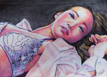 Rule 34 | 1girl, blue eyes, bra, breasts, brown hair, cleavage, colored pencil (medium), commentary request, dated, grey background, hair spread out, hand up, hayashi ryouta, highres, lingerie, long sleeves, looking at viewer, lying, medium breasts, on back, open clothes, open shirt, original, parted lips, realistic, red lips, shirt, signature, solo, traditional media, underwear, upper body, white bra, white shirt