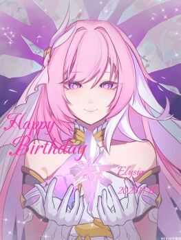 1girl bare_shoulders breasts chinese_commentary commentary_request commission corset crystal_flower crystal_shards dated diamond-shaped_pupils diamond_(shape) elysia_(herrscher_of_human:_ego)_(honkai_impact) elysia_(honkai_impact) gloves happy_birthday highres honkai_(series) honkai_impact_3rd large_breasts long_hair multicolored_hair pink_hair purple_eyes smile solo symbol-shaped_pupils two-tone_hair veil very_long_hair white_corset white_gloves white_hair white_veil yangmin48016