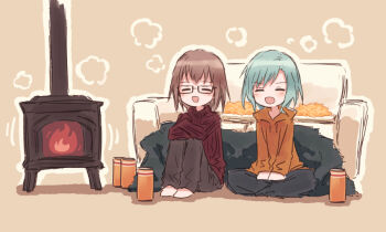 2girls bang_dream! bang_dream!_girls_band_party! black_pants blush brown_background brown_pants closed_eyes commentary couch crossed_arms fireplace glasses hikawa_hina hood hoodie indian_style knees_up long_sleeves multiple_girls on_floor orange_hoodie pants red_sweater ribbed_sweater simple_background sitting sweater turtleneck turtleneck_sweater yamato_maya yukitake_(bullfalk)