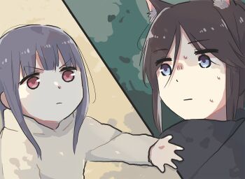 2girls animal_ears black_hair blue_eyes blue_hair brown_eyes cat_ears hibike!_euphonium kasaki_nozomi liz_to_aoi_tori lyy multiple_girls reaching reaching_towards_viewer split_screen sweat yoroizuka_mizore