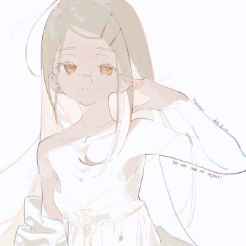 Rule 34 | 1girl, adjusting eyewear, artist name, bare shoulders, blonde hair, camisole, closed mouth, collarbone, colored eyelashes, commentary, dated, double strap slip, earrings, flat chest, gakuen idolmaster, glasses, hair ornament, hairclip, hand up, highres, idolmaster, jewelry, long hair, looking at viewer, off shoulder, orange eyes, parallel hairclips, round eyewear, shinosawa hiro, simple background, solo, strap slip, stud earrings, swept bangs, upper body, watermark, white background, white camisole, yuuinai