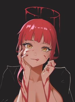 Rule 34 | 1girl, absurdres, black background, black coat, blood, blood drip, blood halo, blood on face, blood on hands, breasts, chainsaw man, cleavage, coat, coat on shoulders, halo, highres, large breasts, lem, liquid halo, looking at viewer, makima (chainsaw man), medium hair, nude, portrait, red hair, red halo, sidelocks, simple background, smile, solo, tongue, tongue out, upper body, yellow eyes
