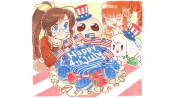 1boy 3girls :> absurdres ahoge american_flag american_flag_hat american_flag_print armlet armor artist_request bald blade_strangers blueberry blush brown_dress brown_eyes brown_hair cake circlet closed_eyes closed_mouth collared_vest company_connection crossover dark_skin dot_nose doukutsu_monogatari dress eyelashes flag_print floppy_ears food fourth_of_july frilled_sleeves frills fruit furry furry_female gold_armlet gold_armor gold_circlet greco-roman_clothes green_vest hair_ornament hairclip half_updo hands_on_own_face hat head_rest helen_(blade_strangers) highres icing isaac_(the_binding_of_isaac) jacket jewelry july lapels looking_at_food macaron mimiga mini_flag multiple_girls nose_blush official_art open_mouth own_hands_together padded_vest pauldrons pleated_dress ponytail print_hat red_jacket red_sleeves remi_(remilore) remilore_~shoujo_to_isekai_to_madousho~ rimless_eyewear round_eyewear second-party_source shoulder_armor simple_background smile split_mouth star_(symbol) star_print strawberry striped_hat striped_tablecloth swept_bangs table tablecloth tank_top teeth the_binding_of_isaac tilted_headwear toroko triangle_mouth upper_teeth_only v-shaped_eyebrows vest whipped_cream white_fur white_tank_top winged_hair_ornament
