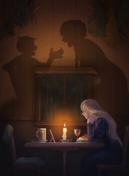 1girl artzel19 beer_mug blonde_hair blue_dress candle chair chilchuck_tims commentary cup curtains different_shadow dress drinking_glass dungeon_meshi english_commentary female_focus food head_rest highres juliet_sleeves long_dress long_sleeves marcille_donato mug pasta photo_(object) plate pointy_ears puffy_sleeves silhouette sitting smile solo spaghetti table window wine_glass