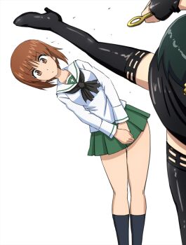 Rule 34 | 2girls, bare legs, brown eyes, brown hair, crossover, dodging, girls und panzer, highres, long sleeves, looking at another, looking at viewer, miniskirt, multiple girls, nishizumi miho, omachi (slabco), ooarai school uniform, pleated skirt, school uniform, serafuku, shirt, short hair, skirt, spy x family, standing, thighhighs, white background, white shirt, wide hips, yor briar