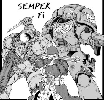 3boys absurdres adeptus_astartes armor belt_pouch black_border bolter border bracer breastplate character_request coat combat_knife commentary_request crossover energy_gun full_armor gloves greyscale gun helmet highres holding holding_bolter holding_gun holding_knife holding_weapon knife korean_commentary korean_text laser_rifle latin_commentary latin_text lightningace marine_(starcraft) mixed-language_commentary monochrome multiple_boys outside_border pants pauldrons pouch power_armor science_fiction shoulder_armor space_marine star_wars starcraft warhammer_40k weapon winged_skull