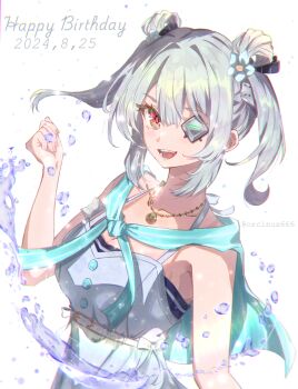 1girl absurdres commentary_request double_bun eyepatch grey_hair hair_bun happy_birthday heaven_burns_red highres jewelry looking_at_viewer necklace orcinus666 red_eyes short_hair yamawaki_bon_ivar