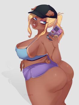 ass ass_focus belly blonde_hair commentary deep_skin english_commentary fat furry hand_on_own_stomach highres monster_girl phone pig pig_girl ponytail selfie shorts solo thick_thighs thighs yawuart