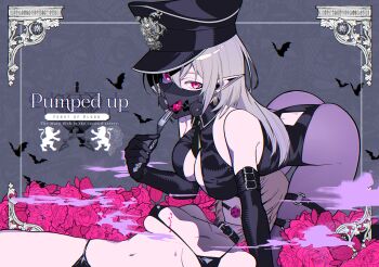 2girls ass ball_gag bare_shoulders bat_(animal) bdsm bent_over bikini black_bikini black_gloves black_hat black_leotard black_necktie blindfold breasts brown_hair buckle cleavage collar collarbone commission crest earrings elbow_gloves english_text flower fork gag gagged gloves grey_background grey_hair hair_between_eyes hat highres holding holding_fork jewelry large_breasts leotard long_hair looking_at_viewer lying mask medium_breasts micro_bikini mouth_mask multiple_girls navel necktie o-ring on_back original pantyhose patterned_background peaked_cap pink_eyes pink_flower pink_rose pixiv_commission pointy_ears purple_pantyhose rose ryuu_tou short_hair slit_pupils swimsuit thigh_strap