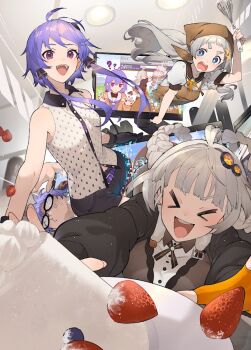 >_< 6+girls :d ? ?? a.i._voice anger_vein black-framed_eyewear black_jacket blue_eyes blueberry braid breasts brown_jacket cake collared_shirt commentary_request cream food fruit glasses grey_hair hair_ornament holding holding_whisk jacket kizuna_akari kizuna_akari_(moe) multiple_girls open_mouth plate purple_eyes purple_hair sailor_collar screen shirinda_fureiru shirt sleeveless sleeveless_shirt smile strawberry teeth tongue upper_teeth_only v-shaped_eyebrows vocaloid voiceroid whisk white_sailor_collar white_shirt yuzuki_yukari yuzuki_yukari_(a.i._voice) yuzuki_yukari_(shizuku)