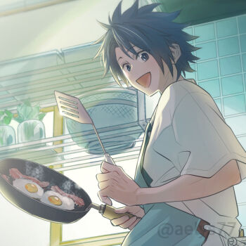 Rule 34 | 1boy, aelys77, apron, bacon, basket, black hair, blue apron, commentary request, cooking, crisis core: final fantasy vii, final fantasy, final fantasy vii, food, fried egg, frying pan, holding, holding frying pan, holding spatula, kitchen, male focus, open mouth, parted bangs, plant, potted plant, shirt, short hair, smile, solo, spatula, twitter username, white shirt, window, zack fair