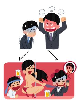 2boys 2girls alcohol angry_boss_with_happy_family_irasutoyas_(meme) ass atomiksaico beer black_hair bra commentary english_commentary gloom_(expression) high_heels highres long_hair meme mifune_takashi_(style) multiple_boys multiple_girls necktie_around_head original parody pole_dancing salaryman sharp_teeth simple_background strip_club style_parody teeth underwear white_background