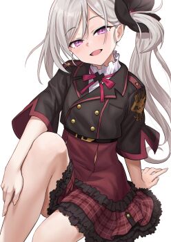 arm_support black_jacket blue_archive deca_purio frilled_skirt frills grey_hair hair_ornament highres jacket legs long_hair mutsuki_(blue_archive) naughty_face plaid_clothes plaid_skirt pointy_ears purple_eyes red_ribbon red_skirt ribbon side_ponytail sitting skirt