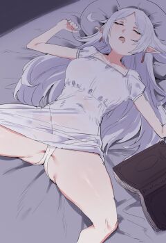 1girl bed bed_sheet book breasts closed_eyes collarbone drooling earrings elf female_focus frieren grey_hair highres jewelry kataku_musou light_blush long_hair nightgown open_mouth panties pillow pointy_ears shiny_skin sleeping sousou_no_frieren spread_legs underwear white_panties