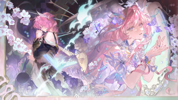 2girls aglaea_(honkai:_star_rail) bare_shoulders castorice_(honkai:_star_rail) cipher_(honkai:_star_rail) closed_eyes closed_mouth cyrene_(aedes_elysiae)_(honkai:_star_rail) cyrene_(honkai:_star_rail) cyrene_(ripples_of_past_reverie)_(honkai:_star_rail) dress dual_persona flower hair_flower hair_ornament hands_up highres honkai:_star_rail honkai_(series) hyacine_(honkai:_star_rail) long_hair long_sleeves m_iumiu1224 medium_hair multiple_girls own_hands_clasped own_hands_together parted_lips pink_hair pink_nails praying tribbie_(honkai:_star_rail) very_long_hair watermark weibo_watermark white_dress