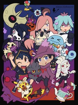 1girl 4boys :q ahoge allister_(pokemon) alternate_costume arm_up ash_ketchum balloon black_gloves black_hair black_pants black_shirt blue_eyes closed_mouth commentary cosplay dusk_ball gen_1_pokemon gen_2_pokemon gen_3_pokemon gen_4_pokemon gen_5_pokemon gen_7_pokemon gen_8_pokemon gloves goh_(pokemon) grin hand_up happy_halloween highres holding holding_poke_ball hood hood_up james_(pokemon) jessie_(pokemon) legendary_pokemon long_hair long_sleeves lunatone mask meowth mew_(pokemon) mimikyu mismagius mismagius_(cosplay) morpeko morpeko_(hangry) multiple_boys mythical_pokemon nintendo pants pikachu pink_hair poke_ball pokemon pokemon_(anime) pokemon_journeys polteageist raboot red_socks shirt shoes short_hair shuan_0420 single_glove smile sobble socks spell_tag symbol-only_commentary teeth tongue tongue_out wobbuffet woobat zipper_pull_tab