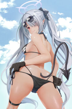 1girl ass back bare_shoulders bikini bikini_pull black_bow black_gloves blue_archive blue_sky bow breasts butt_crack chinese_commentary closed_mouth clothes_pull cloud commentary cowboy_shot dark-skinned_female dark_skin day demon_girl demon_tail denhijou_niki english_commentary eyes_visible_through_hair eyewear_on_head from_behind from_below gloves grey_hair hair_bow hair_over_one_eye halo halterneck highres iori_(blue_archive) iori_(swimsuit)_(blue_archive) kneepits long_bangs long_hair medium_breasts mixed-language_commentary multi-strapped_bikini_bottom official_alternate_costume outdoors paid_reward_available partially_visible_vulva pointy_ears pulling_own_clothes purple_halo red_eyes side-tie_bikini_bottom sideboob sidelocks sky smile solo sunglasses swimsuit tail tail_raised tan thigh_strap thighs twintails variant_set very_long_hair