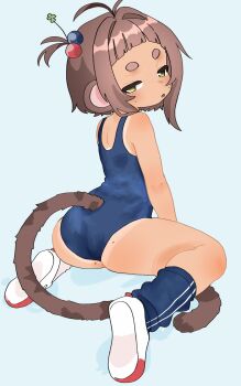 ahoge animal_ears artist_request freckles green_eyes highres himari_(vtuber) indie_virtual_youtuber loli looking_at_viewer looking_back monkey_ears monkey_tail on_floor one-piece_swimsuit one-piece_tan short_hair swimsuit tail tan tanline thick_eyebrows virtual_youtuber