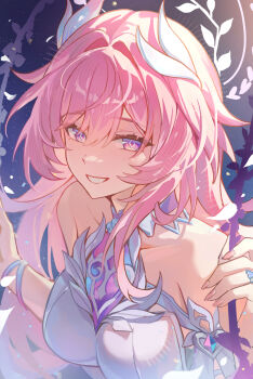 Rule 34 | 1girl, bare shoulders, breasts, commentary, cyrene (honkai: star rail), cyrene (ripples of past reverie) (honkai: star rail), diamond-shaped pupils, diamond (shape), fingernails, hair between eyes, hair intakes, hair ornament, halo, halo behind head, highres, honkai: star rail, honkai (series), large breasts, long fingernails, long hair, looking at viewer, nail polish, parted lips, pink hair, pink nails, purple eyes, smile, solo, symbol-shaped pupils, upper body, uwon