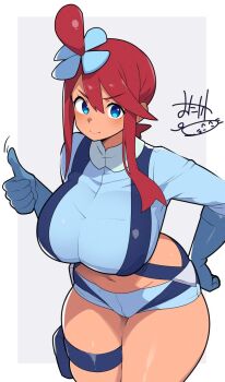1girl blue_eyes blue_gloves blue_shorts border breasts commentary_request crop_top curvy gloves hair_ornament hand_on_own_hip highres large_breasts long_hair looking_at_viewer midriff mituyota_76 navel nintendo pokemon pokemon_bw pouch red_hair short_hair_with_long_locks shorts sidelocks signature skyla_(pokemon) smile solo thigh_strap thumbs_up white_background white_border