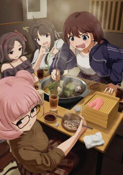 4girls absurdres ahoge awa_subaru black_hair blue_eyes blue_jacket breasts brown_hair brown_sweater commentary_request cup eating ebizuka_tomo film_grain food food_theft frilled_shirt frills girls_band_cry glasses grey_eyes grey_shirt hair_ribbon hairband highres hina_(girls_band_cry) hotpot indoors iseri_nina jacket long_hair low_twintails meat medium_breasts multiple_girls nanafuku off-shoulder_shirt off_shoulder parted_bangs pink_hair purple_eyes red_hairband ribbon shirt short_hair short_twintails sidelocks sweatdrop sweater twintails white_ribbon white_shirt