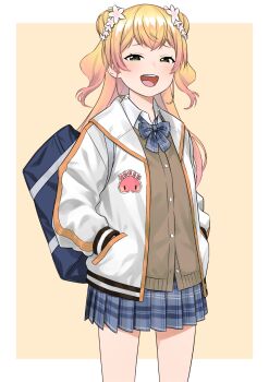 1girl aogami_high_school_uniform bag blonde_hair blue_bow blue_bowtie blue_skirt border bow bowtie brown_vest cardigan_vest collared_shirt commentary_request cowboy_shot crossed_bangs double_bun flower gradient_hair green_eyes hair_bun hair_flower hair_ornament hands_in_pockets highres hololive jacket long_hair looking_at_viewer momosuzu_nene multicolored_hair official_alternate_costume open_mouth outside_border pink_hair plaid_bow plaid_bowtie plaid_clothes plaid_skirt pleated_skirt print_jacket rainna school_bag school_uniform shirt shoulder_bag sidelocks simple_background skirt smile solo standing teeth two_side_up upper_teeth_only vest virtual_youtuber white_border white_flower white_jacket white_shirt yellow_background