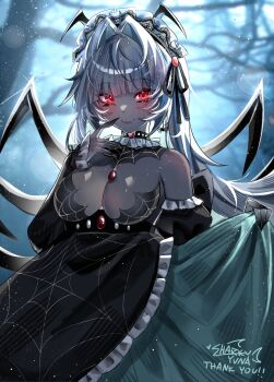 1girl arthropod_girl arthropod_limbs bare_shoulders black_choker black_dress blunt_bangs breasts choker cleavage closed_mouth colored_extremities commentary cowboy_shot dress english_commentary extra_eyes fangs fangs_out frilled_dress frills grey_hair hair_intakes hand_up highres insect_girl large_breasts long_hair long_sleeves looking_at_viewer original red_eyes sharkyyuna smile solo spider_girl