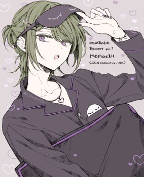 Rule 34 | 1boy, black pajamas, bracelet, collarbone, collared shirt, commentary request, cororoan, dear vocalist, dutch angle, english text, expressionless, green hair, grey background, half updo, heart, heart background, heart necklace, highres, jewelry, long sleeves, looking at viewer, male focus, mask, mask on head, medium hair, momochi (dear vocalist), nail polish, necklace, open mouth, pajamas, pillow, ponytail, purple eyes, purple nails, shirt, short ponytail, sidelocks, simple background, sleep mask, solo, straight hair, swept bangs, teeth, upper body, upper teeth only