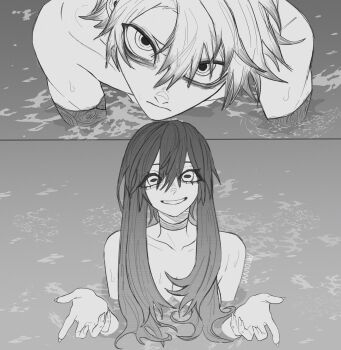 1boy 1girl amo_empool amouvve chainsaw_man choker closed_mouth gachiakuta greyscale hair_between_eyes hands_up highres horizontal_pupils i&#039;ll_teach_you_everything_(chainsaw_man) implied_nudity long_hair monochrome parted_bangs pool rudo_surebrec scene_reference smile water