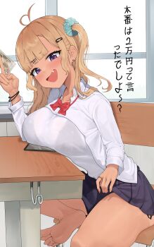 1girl :d absurdres antenna_hair aqua_scrunchie barefoot blonde_hair blue_skirt blunt_bangs bow bowtie bra bra_visible_through_clothes breast_rest breasts breasts_on_table chair commentary_request fang gyaru hair_ornament hair_scrunchie hairclip highres holding holding_money huge_filesize jewelry kogal large_breasts looking_at_viewer money on_chair open_mouth original pleated_skirt purple_eyes red_bow red_bowtie ring school_uniform scrunchie shirt short_hair sitting skirt smile soles solo table thighs tonki translated twintails underwear white_shirt