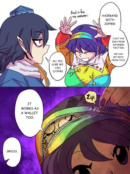 2girls ^_^ absurdres black_hair blue_hair blue_hat closed_eyes commentary eddybird55555 english_text hairband hat highres iizunamaru_megumu multicolored_hairband multiple_girls pointy_ears red_eyes speech_bubble symbol-only_commentary tenkyuu_chimata tokin_hat touhou zipper zun_(style)