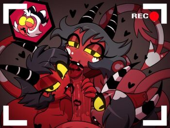 1boy 3girls colored_skin fellatio hellaverse helluva_boss hetero millie_(helluva_boss) moxxie_(helluva_boss) multiple_girls oral red_skin sallie_may_(helluva_boss) testicle_sucking